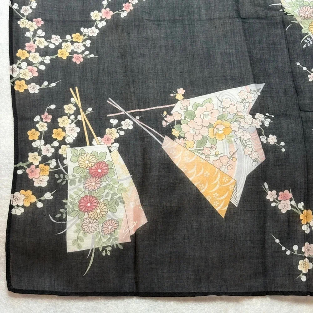 Vtg Scarf Handkerchief Floral Fan Cotton Black 16.5